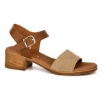 Ragazza Δερμάτινα Γυναικεία Πέδιλα με Χοντρό Χαμηλό Τακούνι σε Ταμπά-Μπεζ Χρώμα